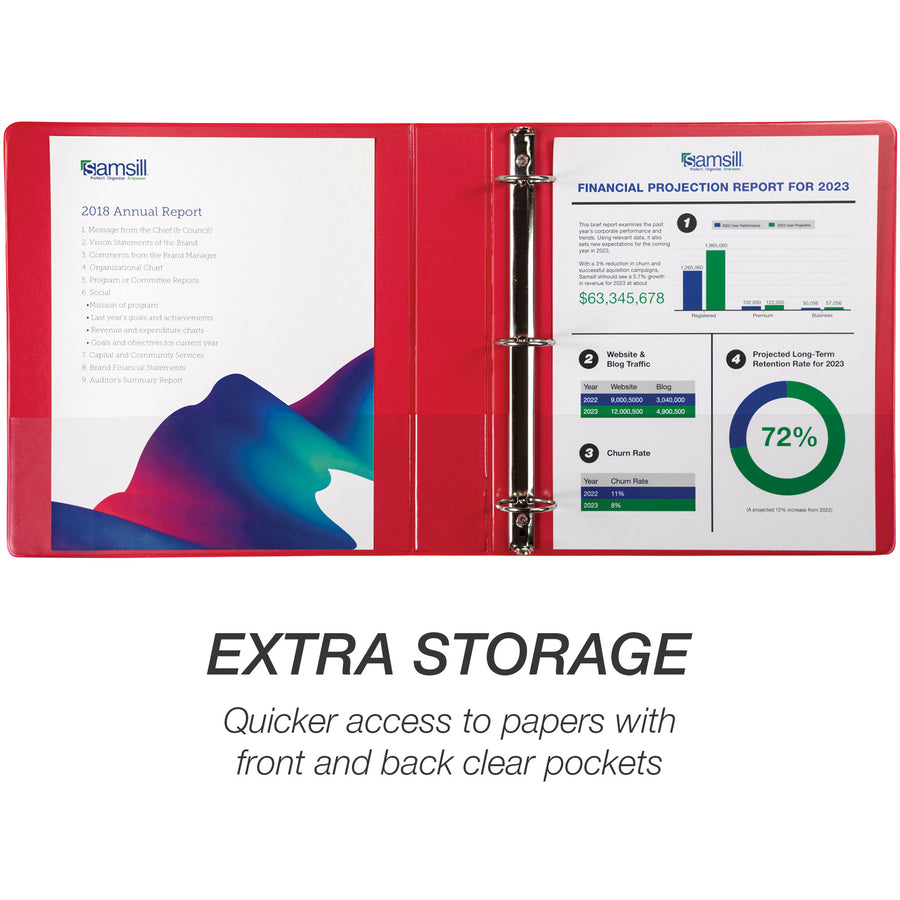 Samsill Economy 1-1/2" Round Ring View Binders - 1 1/2" Binder Capacity - Letter - 8 1/2" x 11" Sheet Size - 350 Sheet Capacity - 3 x Round Ring Fastener(s) - 2 Internal Pocket(s) - Polypropylene, Chipboard - Red - 14.72 oz - Recycled - Exposed Rivet - 