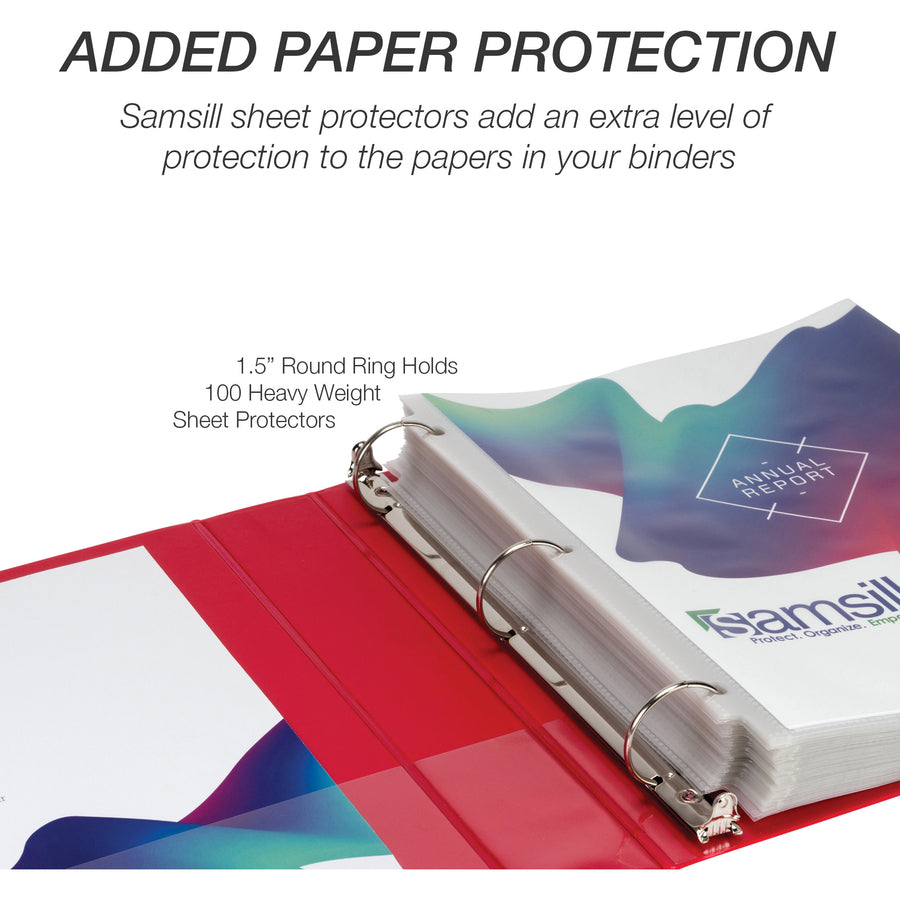 Samsill Economy 1-1/2" Round Ring View Binders - 1 1/2" Binder Capacity - Letter - 8 1/2" x 11" Sheet Size - 350 Sheet Capacity - 3 x Round Ring Fastener(s) - 2 Internal Pocket(s) - Polypropylene, Chipboard - Red - 14.72 oz - Recycled - Exposed Rivet - 