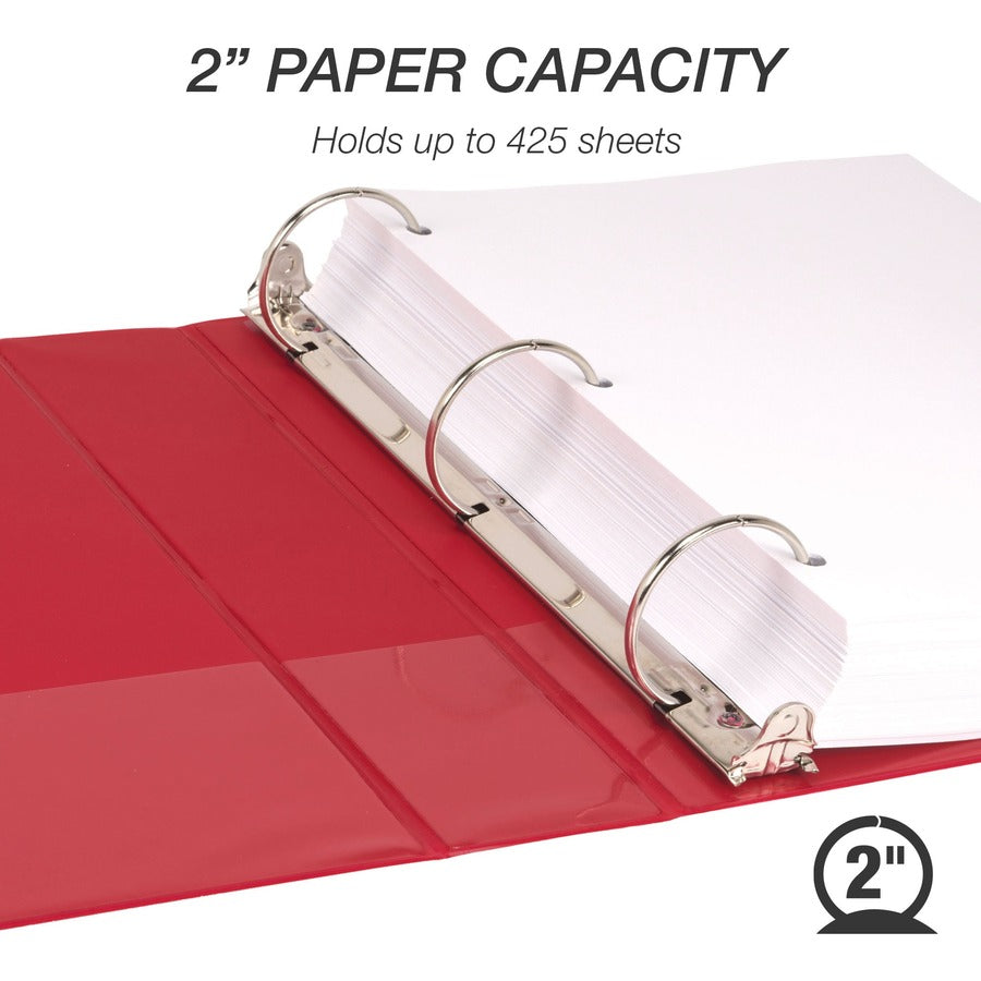 Samsill Economy 2" Round Ring View Binders - 2" Binder Capacity - Letter - 8 1/2" x 11" Sheet Size - 425 Sheet Capacity - 3 x Round Ring Fastener(s) - 2 Internal Pocket(s) - Polypropylene, Chipboard - Red - Recycled - Exposed Rivet, Clear Overlay - 1 - 