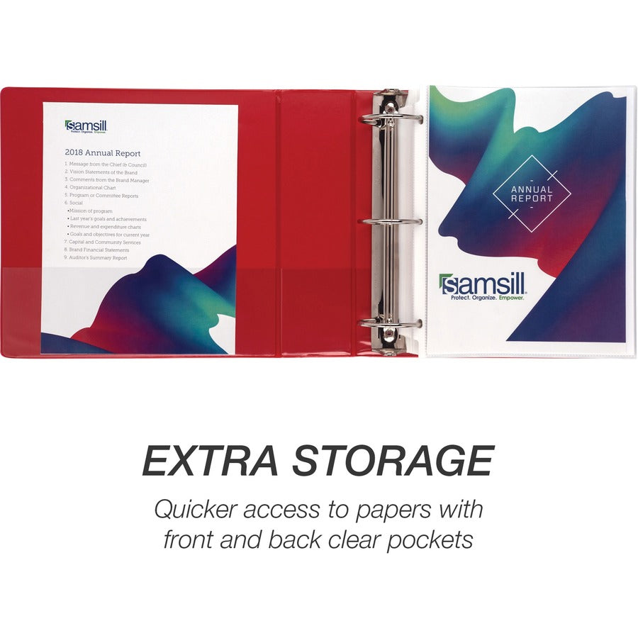 Samsill Economy 3" Round Ring View Binders - 3" Binder Capacity - Letter - 8 1/2" x 11" Sheet Size - 550 Sheet Capacity - 3 x Round Ring Fastener(s) - 2 Internal Pocket(s) - Polypropylene, Chipboard - Red - 1.33 lb - Recycled - Exposed Rivet, Clear O - 