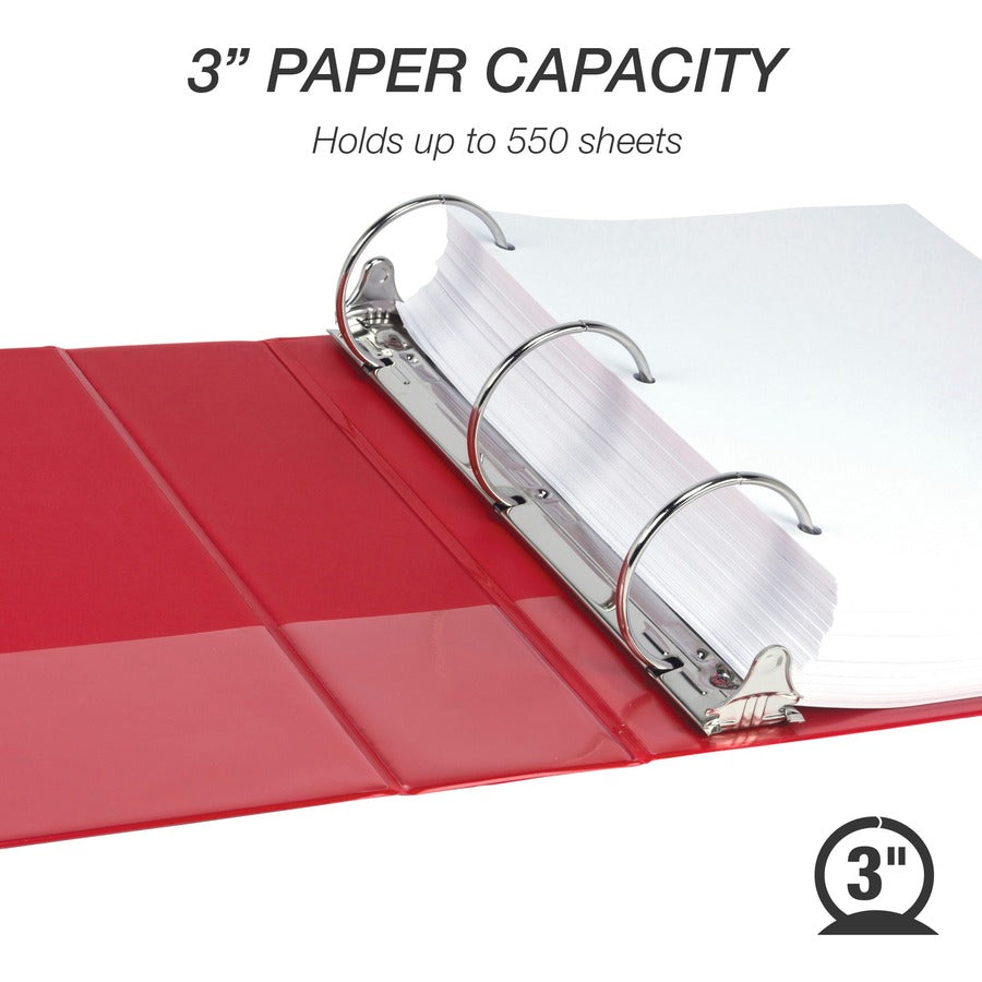 Samsill Economy 3" Round Ring View Binders - 3" Binder Capacity - Letter - 8 1/2" x 11" Sheet Size - 550 Sheet Capacity - 3 x Round Ring Fastener(s) - 2 Internal Pocket(s) - Polypropylene, Chipboard - Red - 1.33 lb - Recycled - Exposed Rivet, Clear O - 