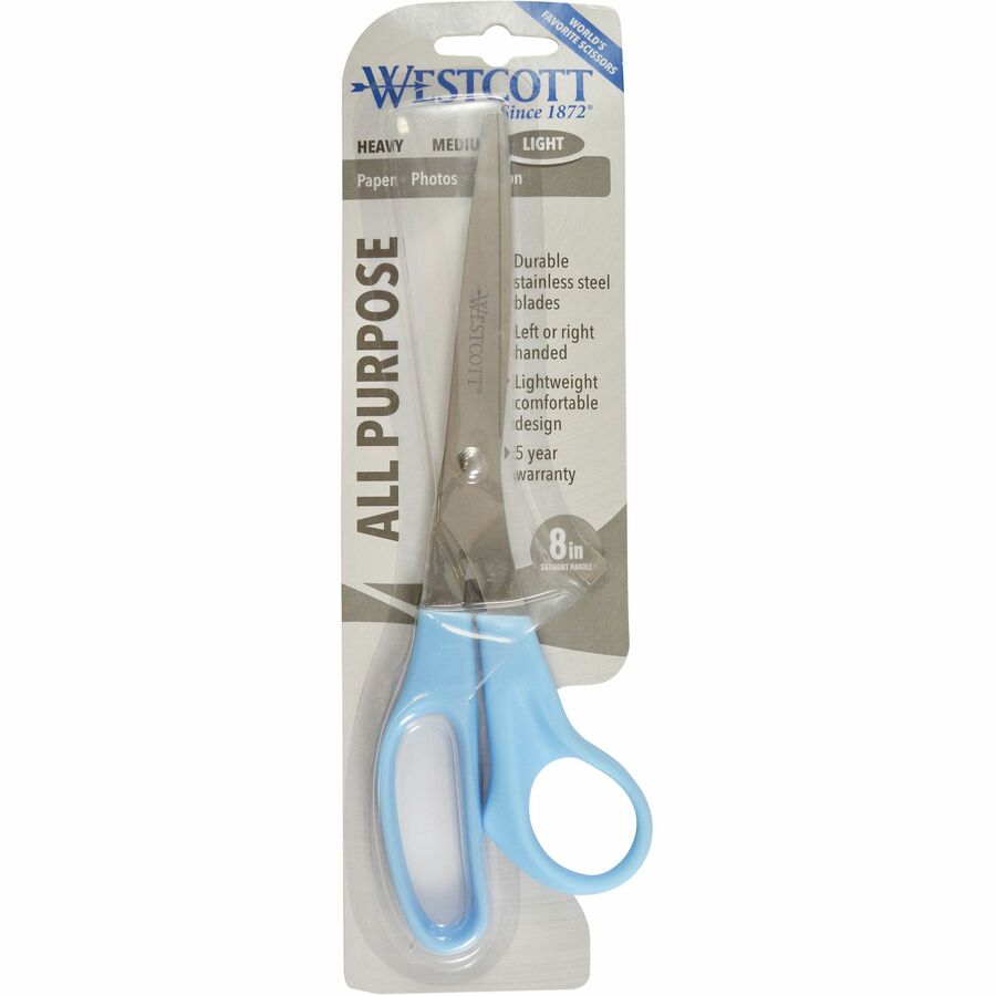 Westcott All Purpose 8" Stainless Steel Straight Scissors - 8" Overall Length - Straight-left/right - Stainless Steel - Pointed Tip - Blue - 1 Each - 