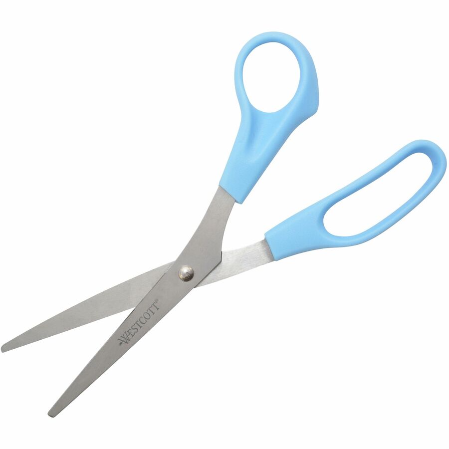 Westcott All Purpose 8" Stainless Steel Straight Scissors - 8" Overall Length - Straight-left/right - Stainless Steel - Pointed Tip - Blue - 1 Each - 