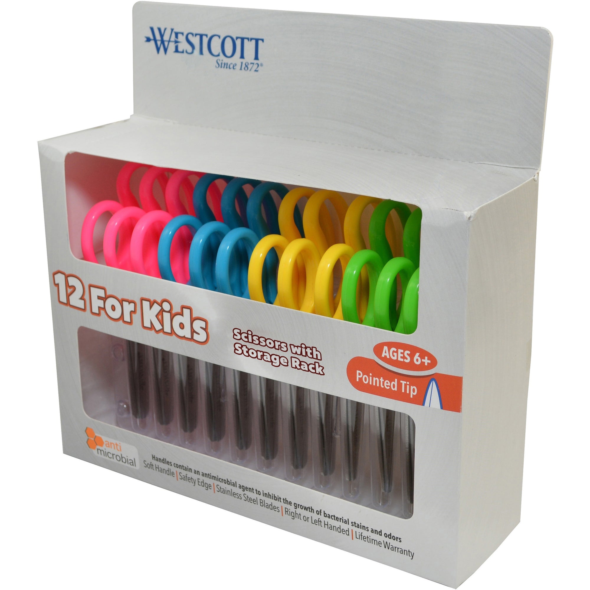Kids' Scissors with Antimicrobial Protection, Pointed Tip, 5" Long, 2" Cut Length, Assorted Straight Handles, 12/Pack