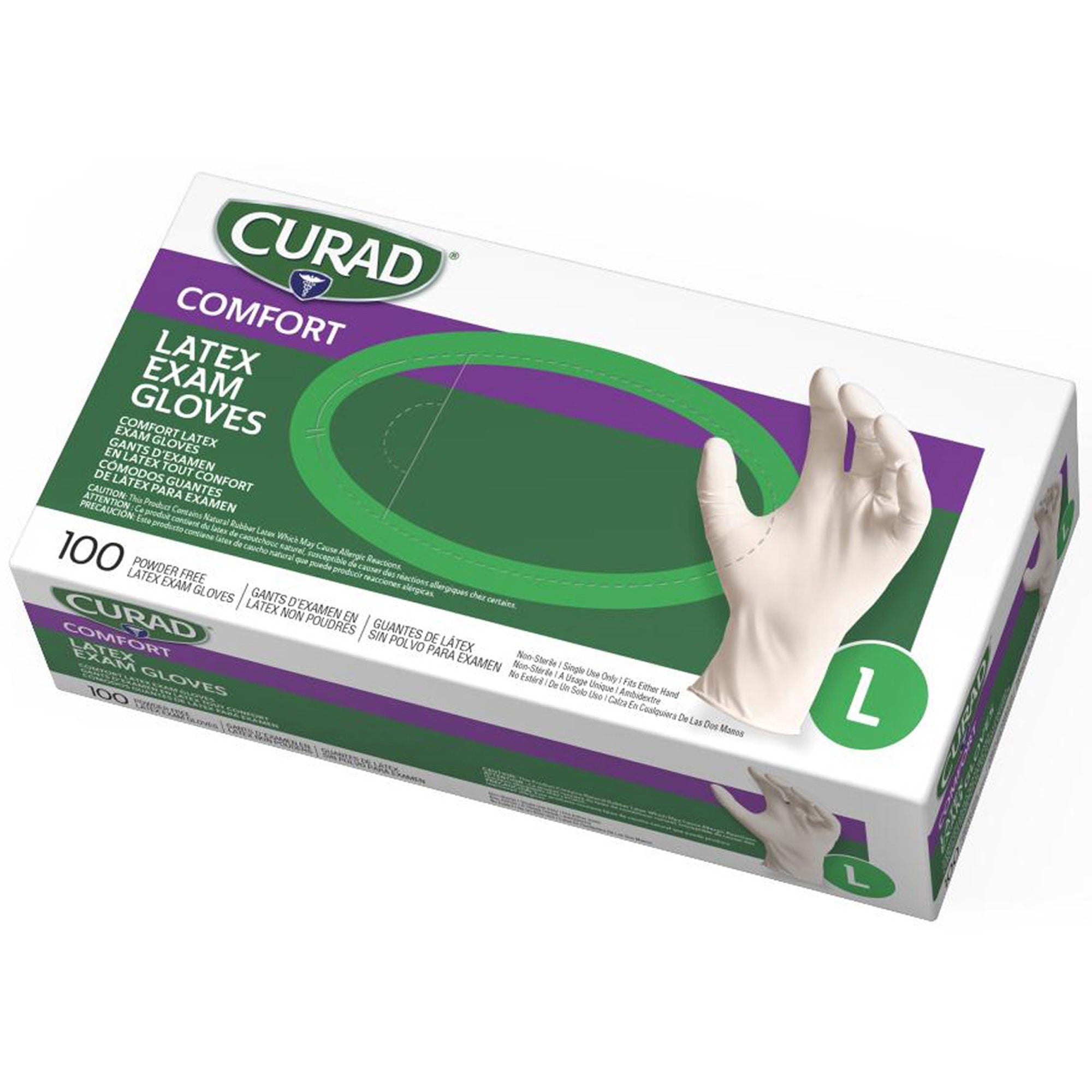 Curad Powder Free Latex Exam Gloves - Large Size - White - Textured - For Healthcare Working - 100 / Box - 