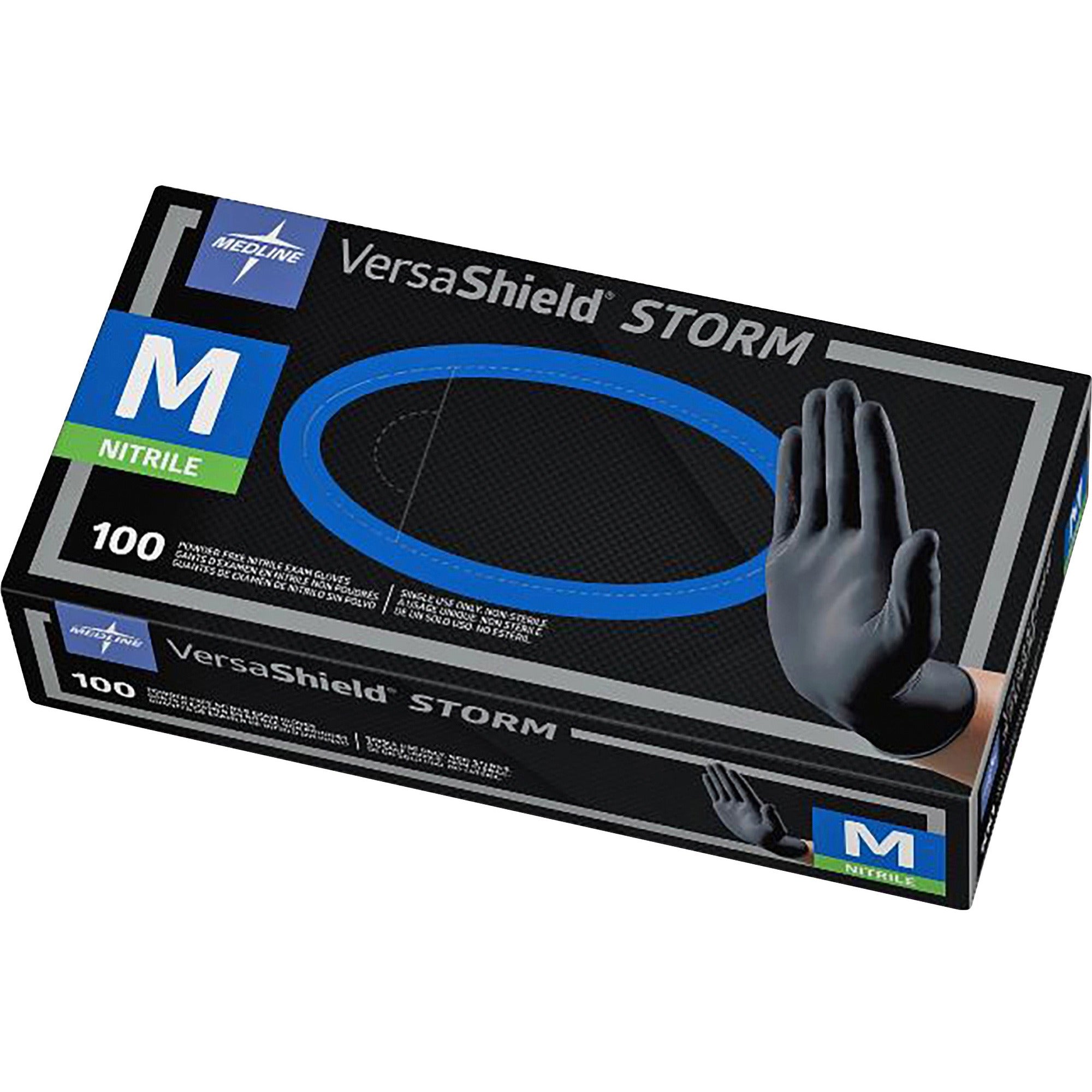 Medline VersaShield STORM Nonsterile Nitrile Gloves - Medium Size - Black - Textured, Latex-free - For Healthcare Working - 100 / Box - 