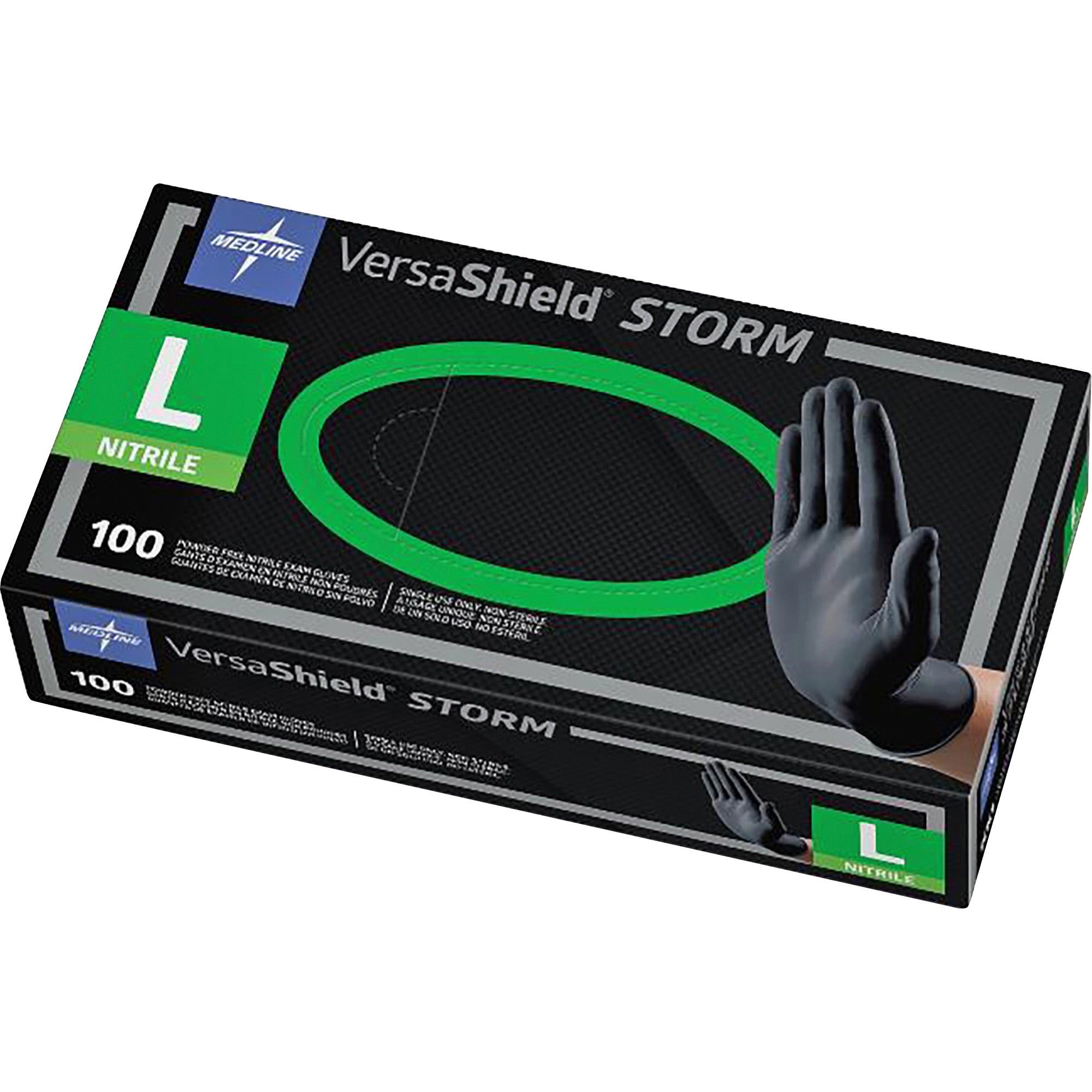 Medline VersaShield STORM Nonsterile Nitrile Gloves - Large Size - Black - Textured, Latex-free - For Healthcare Working - 100 / Box - 