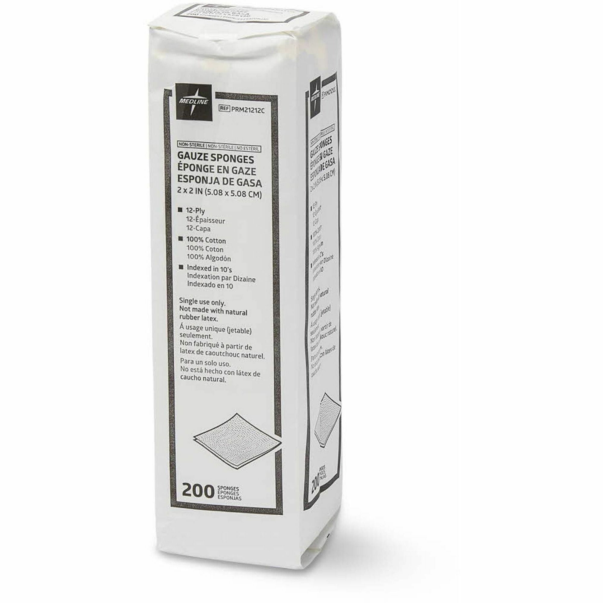 Medline Caring Non-sterile Gauze Sponges - 12 Ply - 2" x 2" - 200/Box - White