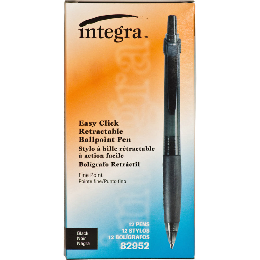 Integra 82952 Retractable Ballpoint Pens - Fine Pen Point - Retractable - Black - Black, Transparent Barrel - 1 Dozen - 