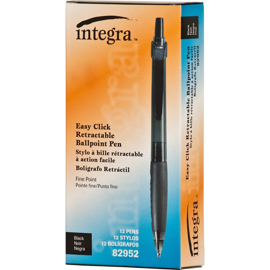 Integra 82952 Retractable Ballpoint Pens - Fine Pen Point - Retractable - Black - Black, Transparent Barrel - 1 Dozen