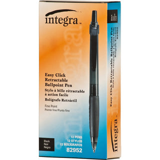 Integra 82952 Retractable Ballpoint Pens - Fine Pen Point - Retractable - Black - Black, Transparent Barrel - 1 Dozen