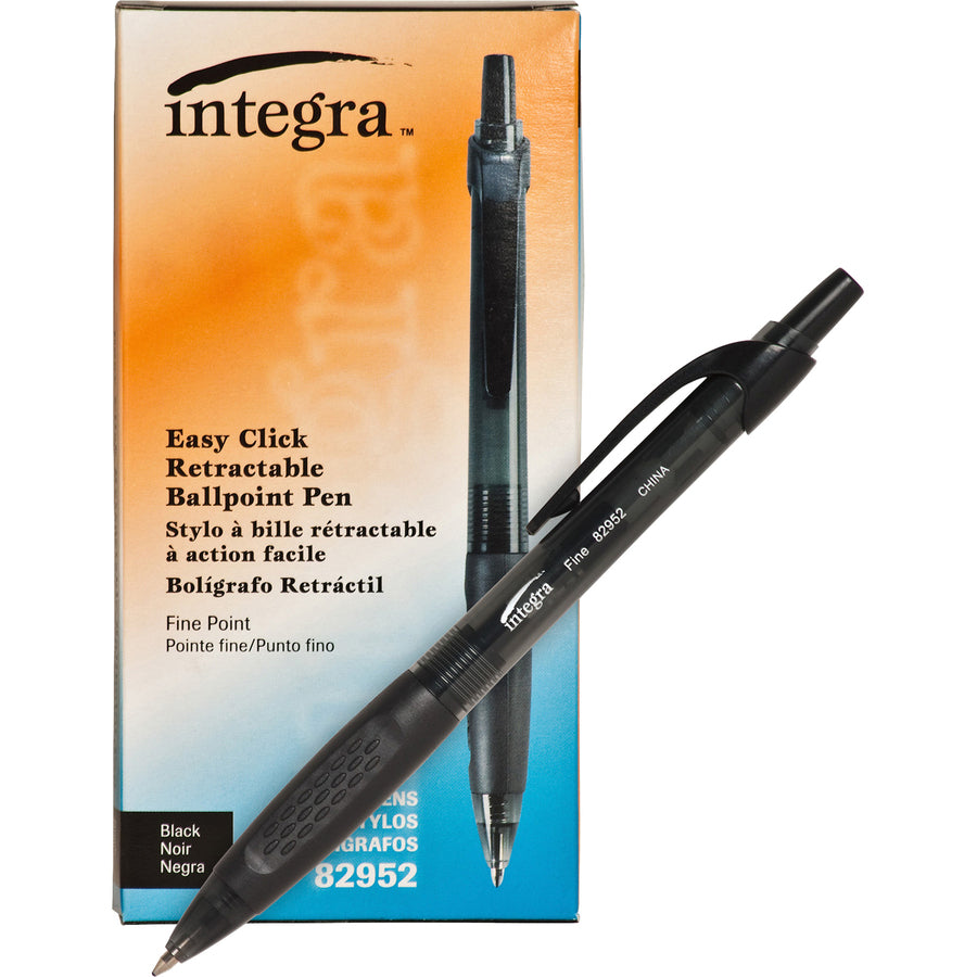 Integra 82952 Retractable Ballpoint Pens - Fine Pen Point - Retractable - Black - Black, Transparent Barrel - 1 Dozen - 