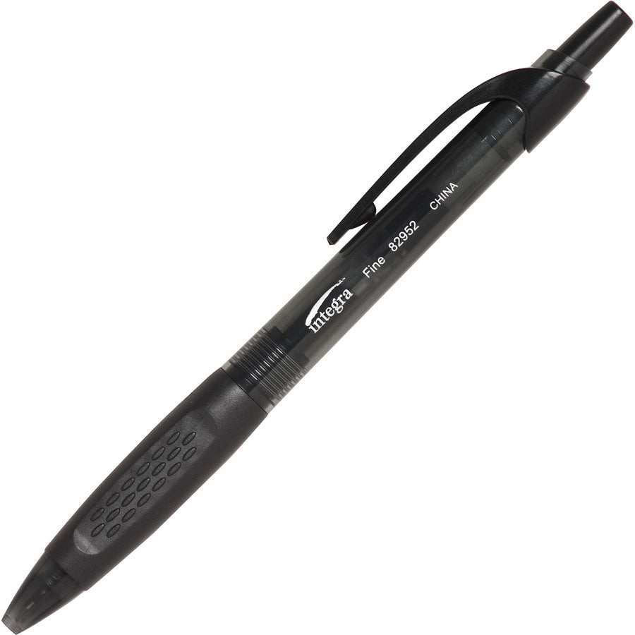 Integra 82952 Retractable Ballpoint Pens - Fine Pen Point - Retractable - Black - Black, Transparent Barrel - 1 Dozen - 