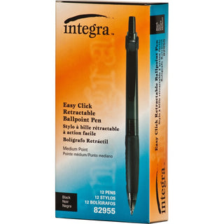 Integra Easy Click Retractable Ballpoint Pen - Medium Pen Point - Retractable - Black - Black Barrel - 1 Dozen