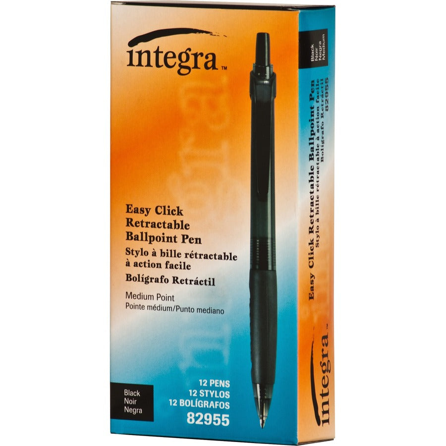 Integra Easy Click Retractable Ballpoint Pen - Medium Pen Point - Retractable - Black - Black Barrel - 1 Dozen