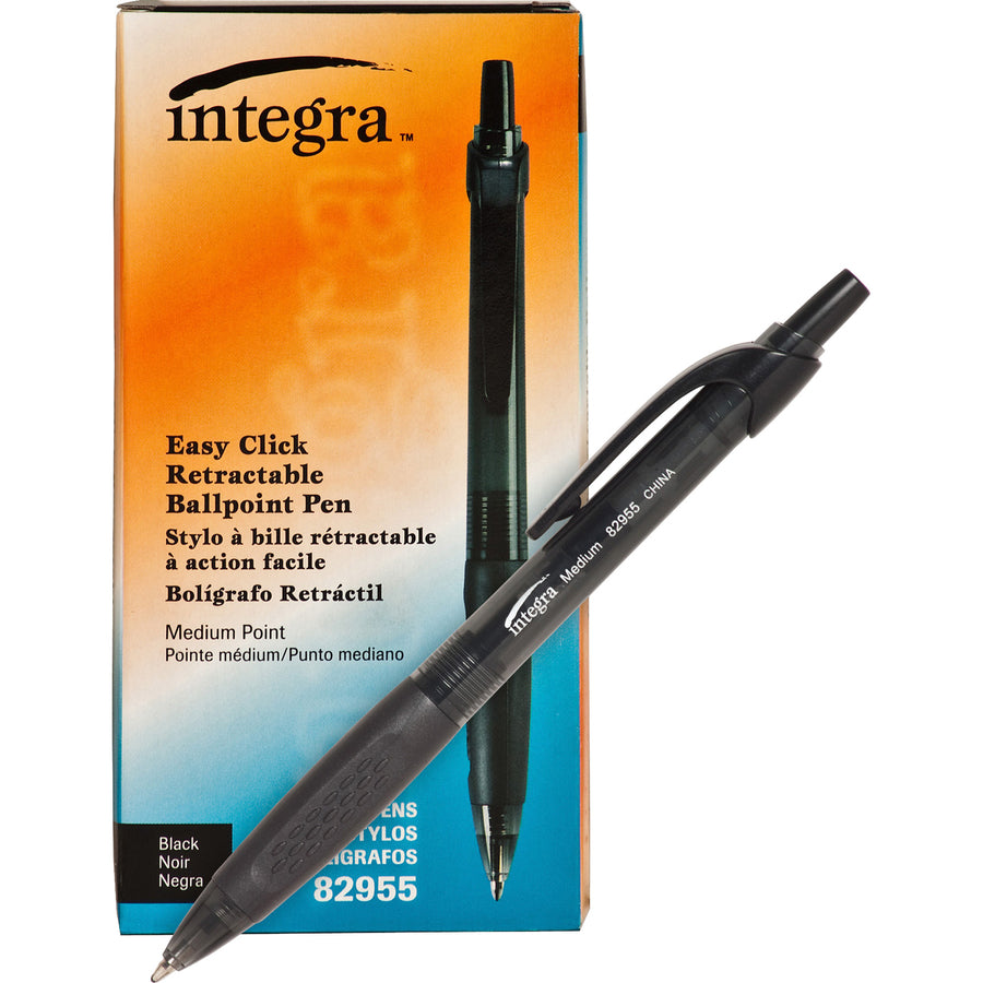 Integra Easy Click Retractable Ballpoint Pen - Medium Pen Point - Retractable - Black - Black Barrel - 1 Dozen - 