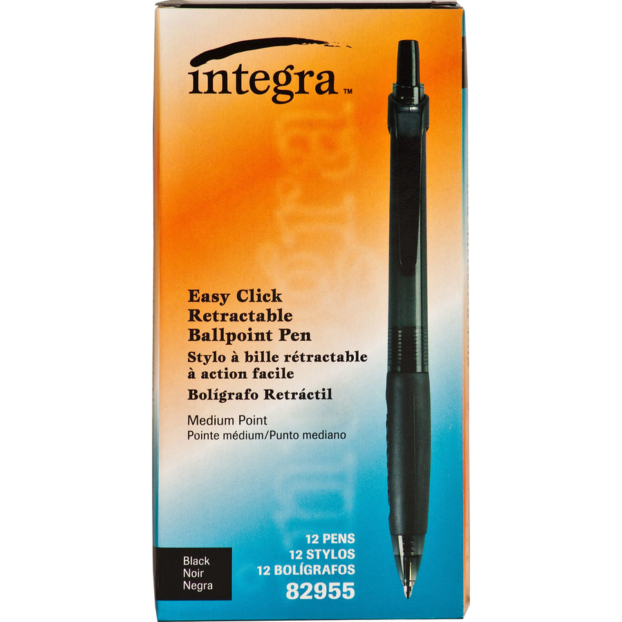 Integra Easy Click Retractable Ballpoint Pen - Medium Pen Point - Retractable - Black - Black Barrel - 1 Dozen - 