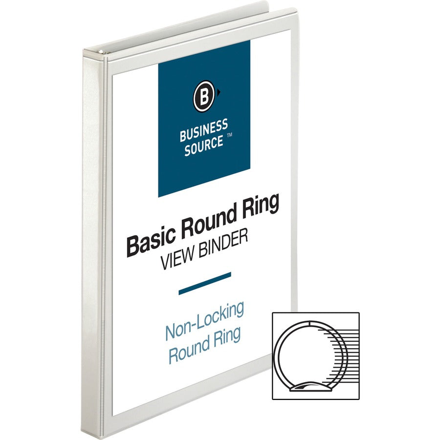 Business Source Round-ring View Binder - 1/2" Binder Capacity - Letter - 8 1/2" x 11" Sheet Size - 125 Sheet Capacity - Round Ring Fastener(s) - 2 Internal Pocket(s) - Polypropylene - White - Wrinkle-free, Gap-free Ring, Clear Overlay, Non Locking Me