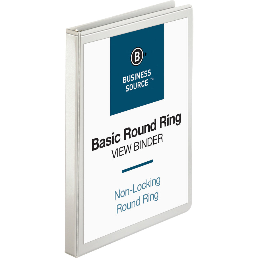 Business Source Round-ring View Binder - 1/2" Binder Capacity - Letter - 8 1/2" x 11" Sheet Size - 125 Sheet Capacity - Round Ring Fastener(s) - 2 Internal Pocket(s) - Polypropylene - White - Wrinkle-free, Gap-free Ring, Clear Overlay, Non Locking Me - 