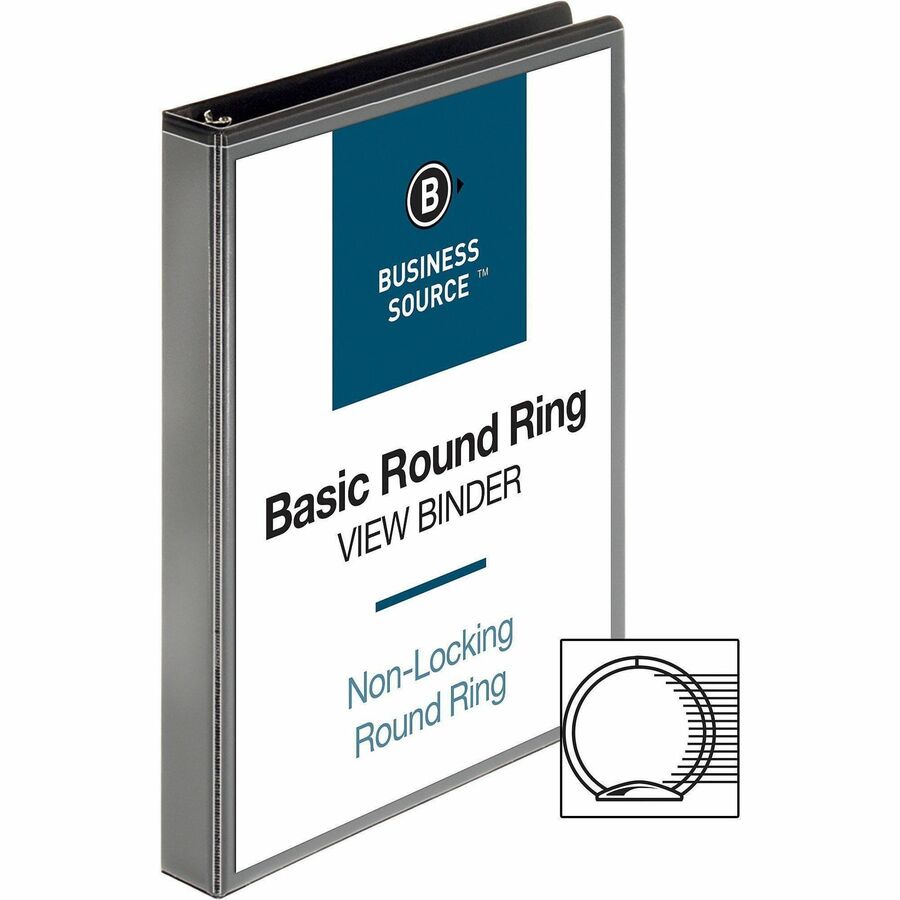 Business Source Round-ring View Binder - 1" Binder Capacity - Letter - 8 1/2" x 11" Sheet Size - 225 Sheet Capacity - Round Ring Fastener(s) - 2 Internal Pocket(s) - Polypropylene, Chipboard - Black - Wrinkle-free, Gap-free Ring, Clear Overlay, Non L