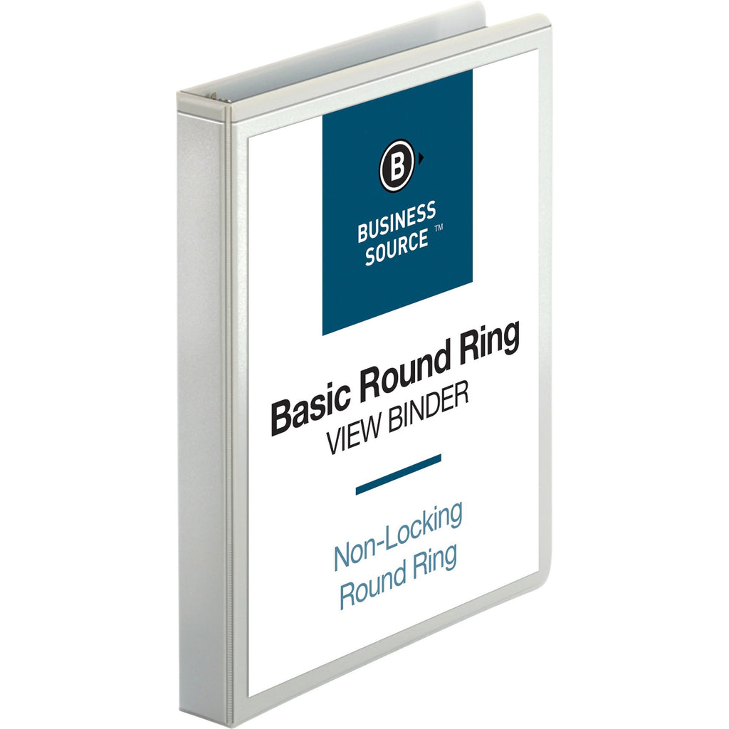 Business Source Round-ring View Binder - 1" Binder Capacity - Letter - 8 1/2" x 11" Sheet Size - 225 Sheet Capacity - Round Ring Fastener(s) - 2 Internal Pocket(s) - Polypropylene, Chipboard - White - Wrinkle-free, Gap-free Ring, Clear Overlay, Non L