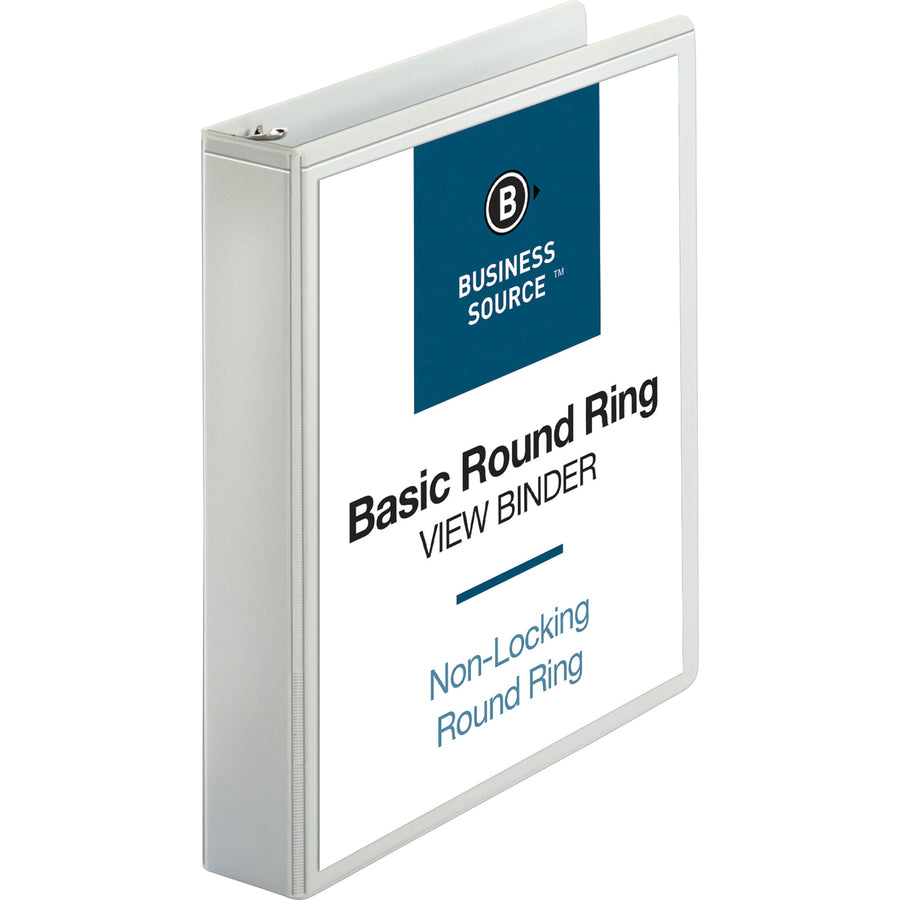 Business Source Round-ring View Binder - 1 1/2" Binder Capacity - Letter - 8 1/2" x 11" Sheet Size - 350 Sheet Capacity - Round Ring Fastener(s) - 2 Internal Pocket(s) - Polypropylene, Chipboard - White - Wrinkle-free, Gap-free Ring, Clear Overlay, N - 