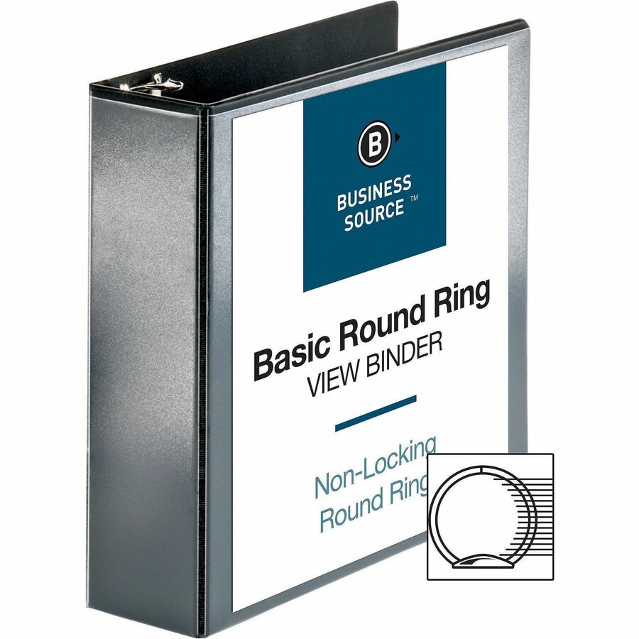 Business Source Round-ring View Binder - 3" Binder Capacity - Letter - 8 1/2" x 11" Sheet Size - 625 Sheet Capacity - Round Ring Fastener(s) - 2 Internal Pocket(s) - Polypropylene - Black - Wrinkle-free, Gap-free Ring, Clear Overlay, Non Locking Mech