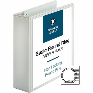 Business Source Round-ring View Binder - 3" Binder Capacity - Letter - 8 1/2" x 11" Sheet Size - 625 Sheet Capacity - Round Ring Fastener(s) - 2 Internal Pocket(s) - Polypropylene - White - Wrinkle-free, Gap-free Ring, Clear Overlay, Non Locking Mech