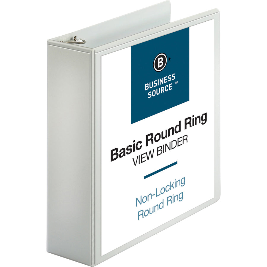 Business Source Round-ring View Binder - 3" Binder Capacity - Letter - 8 1/2" x 11" Sheet Size - 625 Sheet Capacity - Round Ring Fastener(s) - 2 Internal Pocket(s) - Polypropylene - White - Wrinkle-free, Gap-free Ring, Clear Overlay, Non Locking Mech - 