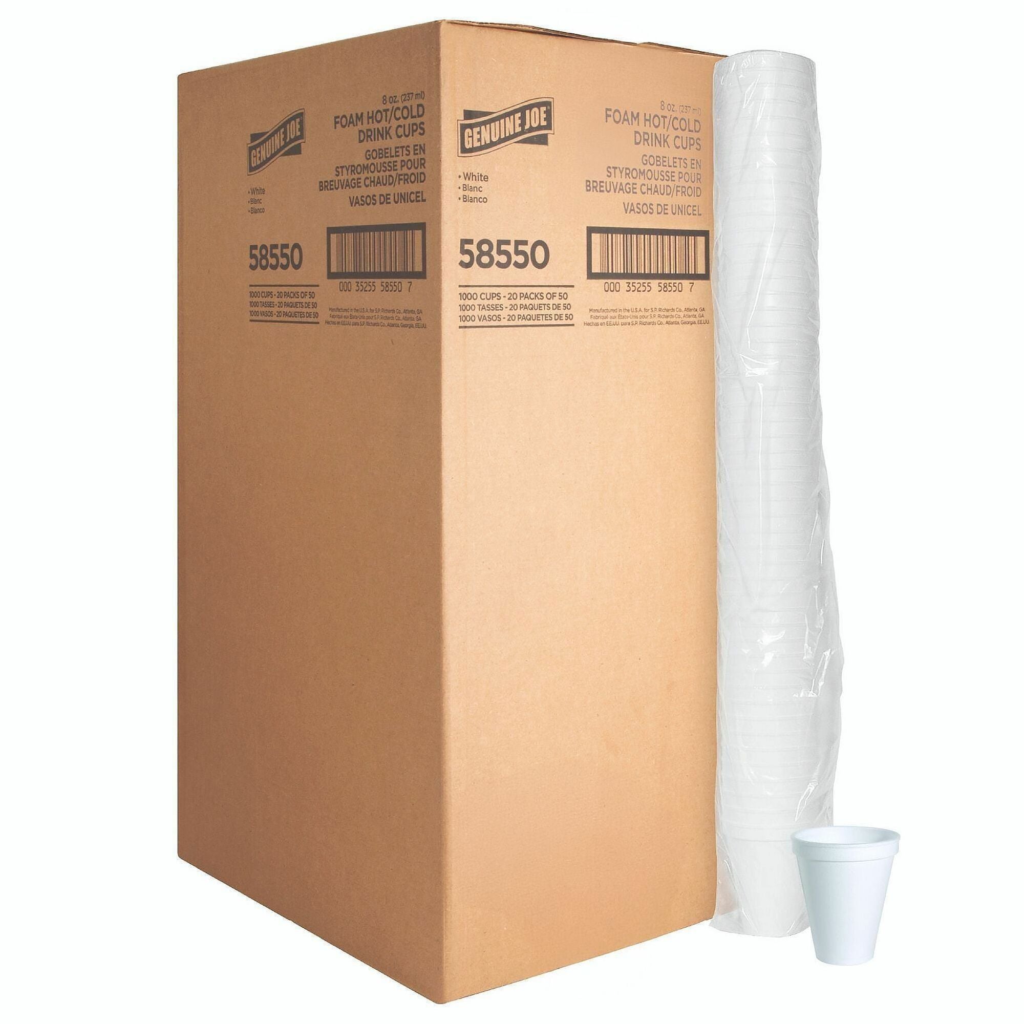 Genuine Joe 8 oz Hot/Cold Foam Cups - 50.0 / Pack - 20 / Carton - White - Foam - Hot Drink, Cold Drink