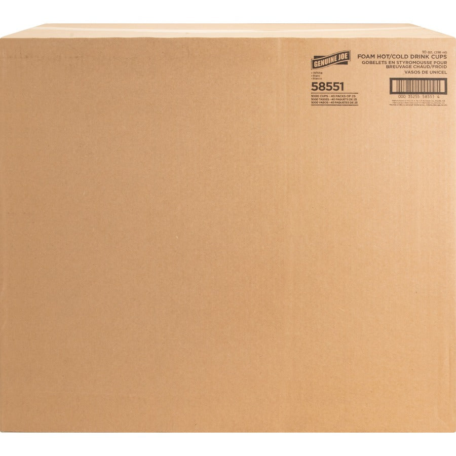 Genuine Joe 10 oz Hot/Cold Foam Cups - 25 / Pack - 40 / Carton - White - Foam - Hot Drink, Cold Drink