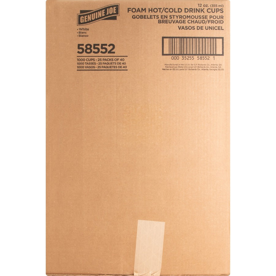 Genuine Joe 12 oz Hot/Cold Foam Cups - 40.0 / Pack - 25 / Carton - White - Foam - Hot Drink, Cold Drink