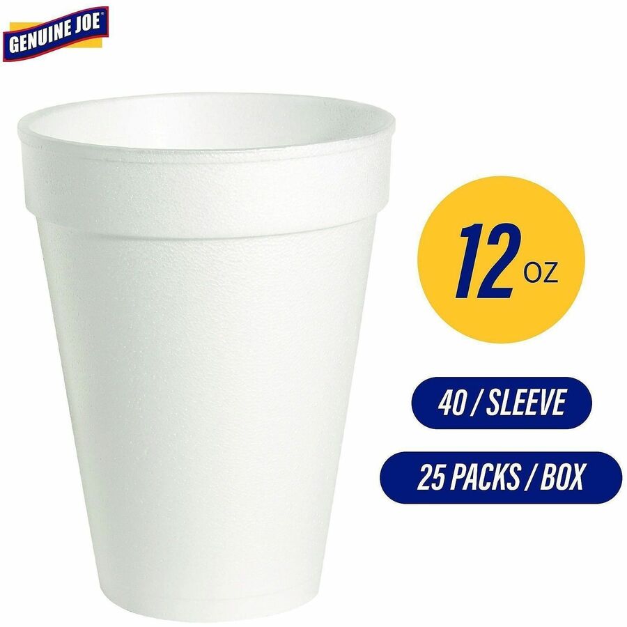 Genuine Joe 12 oz Hot/Cold Foam Cups - 40.0 / Pack - 25 / Carton - White - Foam - Hot Drink, Cold Drink
