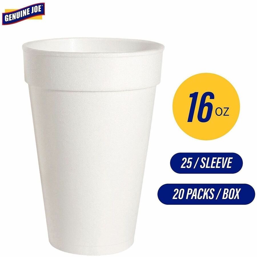 Genuine Joe 16 oz Hot/Cold Foam Cups - 25 / Pack - 20 / Carton - White - Foam - Hot Drink, Cold Drink