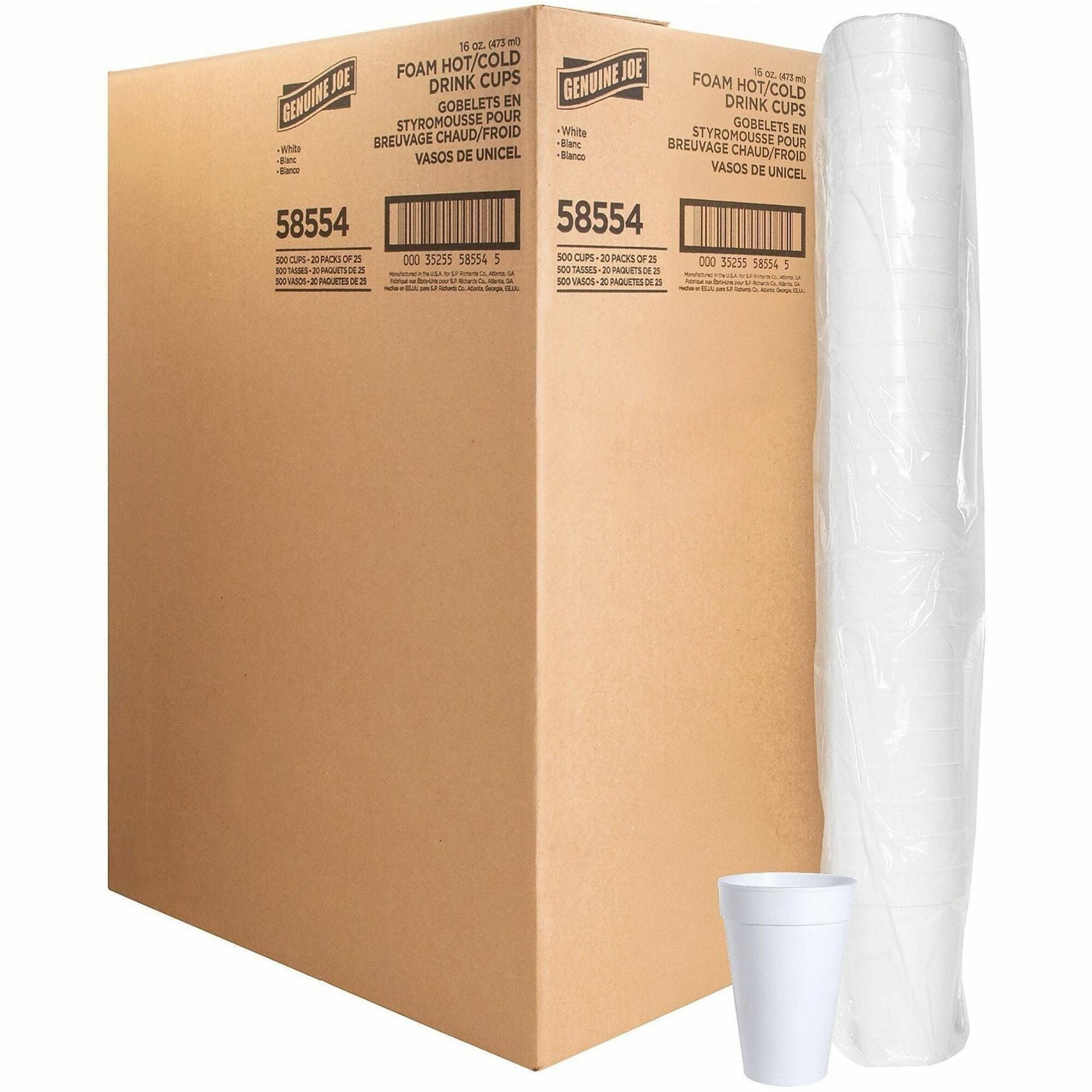 Genuine Joe 16 oz Hot/Cold Foam Cups - 25 / Pack - 20 / Carton - White - Foam - Hot Drink, Cold Drink