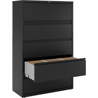 Lorell Fortress Series Lateral File w/Roll-out Posting Shelf - 42" x 18.6" x 67.7" - 5 x Drawer(s) for File - Letter, Legal, A4 - Lateral - Interlocking, Label Holder, Leveling Glide, Ball-bearing Suspension - Black - Recycled