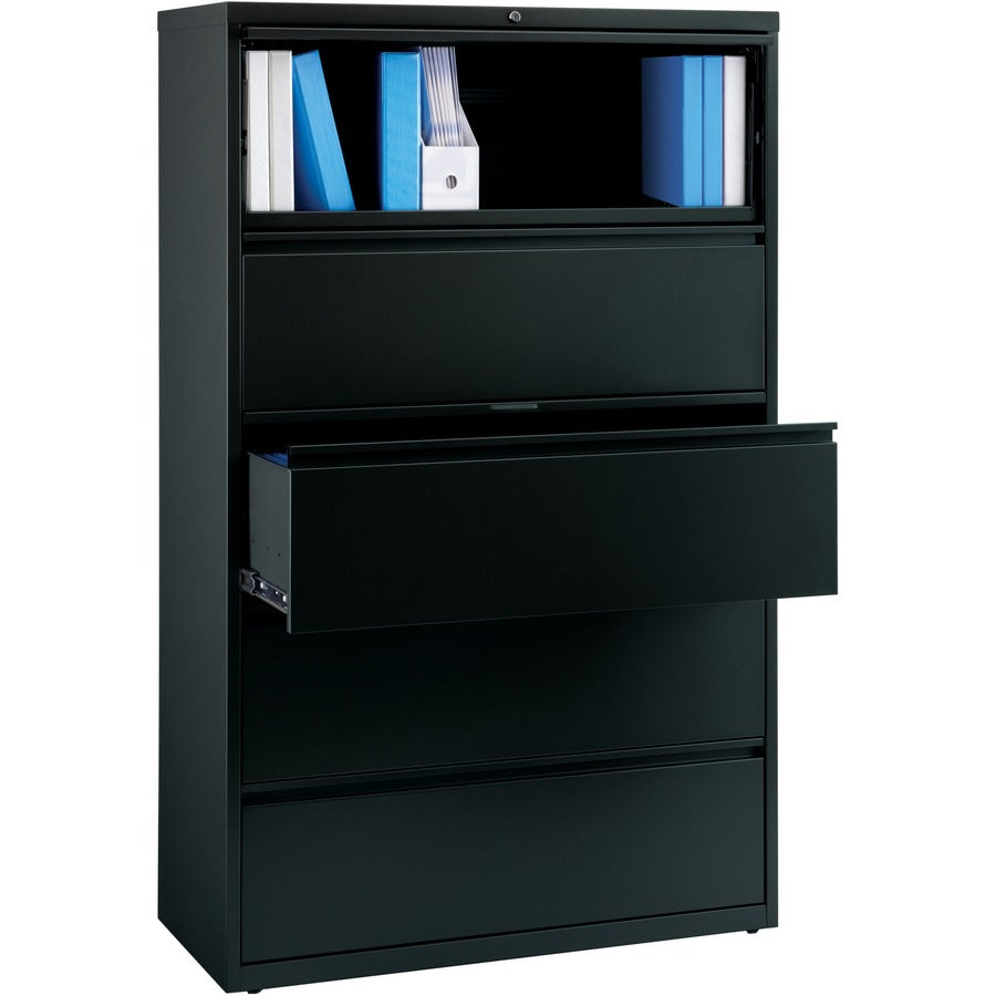 Lorell Fortress Series Lateral File w/Roll-out Posting Shelf - 42" x 18.6" x 67.7" - 5 x Drawer(s) for File - Letter, Legal, A4 - Lateral - Interlocking, Label Holder, Leveling Glide, Ball-bearing Suspension - Black - Recycled - 