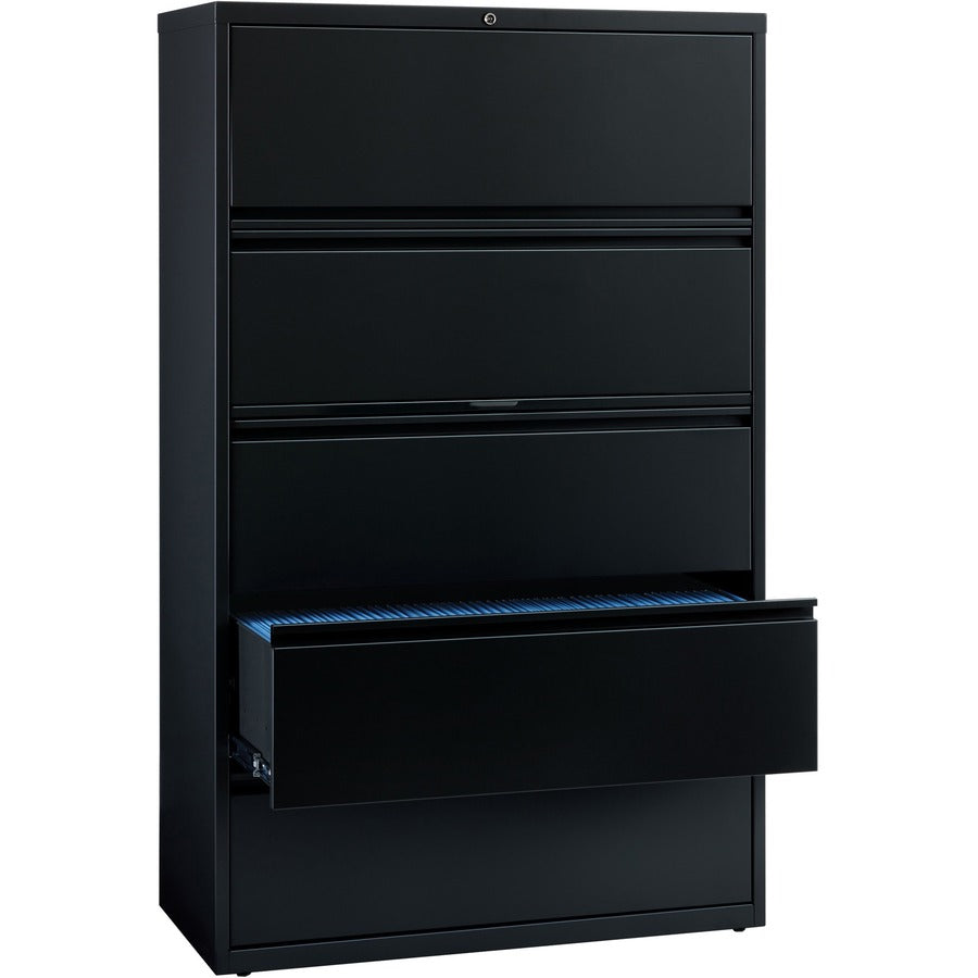 Lorell Fortress Series Lateral File w/Roll-out Posting Shelf - 42" x 18.6" x 67.7" - 5 x Drawer(s) for File - Letter, Legal, A4 - Lateral - Interlocking, Label Holder, Leveling Glide, Ball-bearing Suspension - Black - Recycled - 