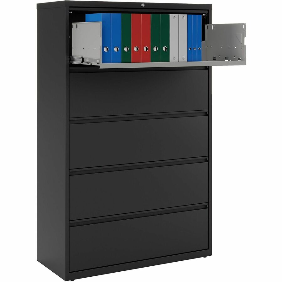 Lorell Fortress Series Lateral File w/Roll-out Posting Shelf - 42" x 18.6" x 67.7" - 5 x Drawer(s) for File - Letter, Legal, A4 - Lateral - Interlocking, Label Holder, Leveling Glide, Ball-bearing Suspension - Black - Recycled
