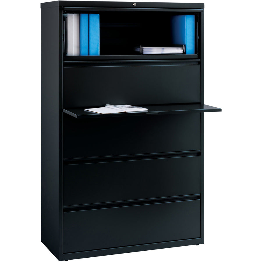 Lorell Fortress Series Lateral File w/Roll-out Posting Shelf - 42" x 18.6" x 67.7" - 5 x Drawer(s) for File - Letter, Legal, A4 - Lateral - Interlocking, Label Holder, Leveling Glide, Ball-bearing Suspension - Black - Recycled - 