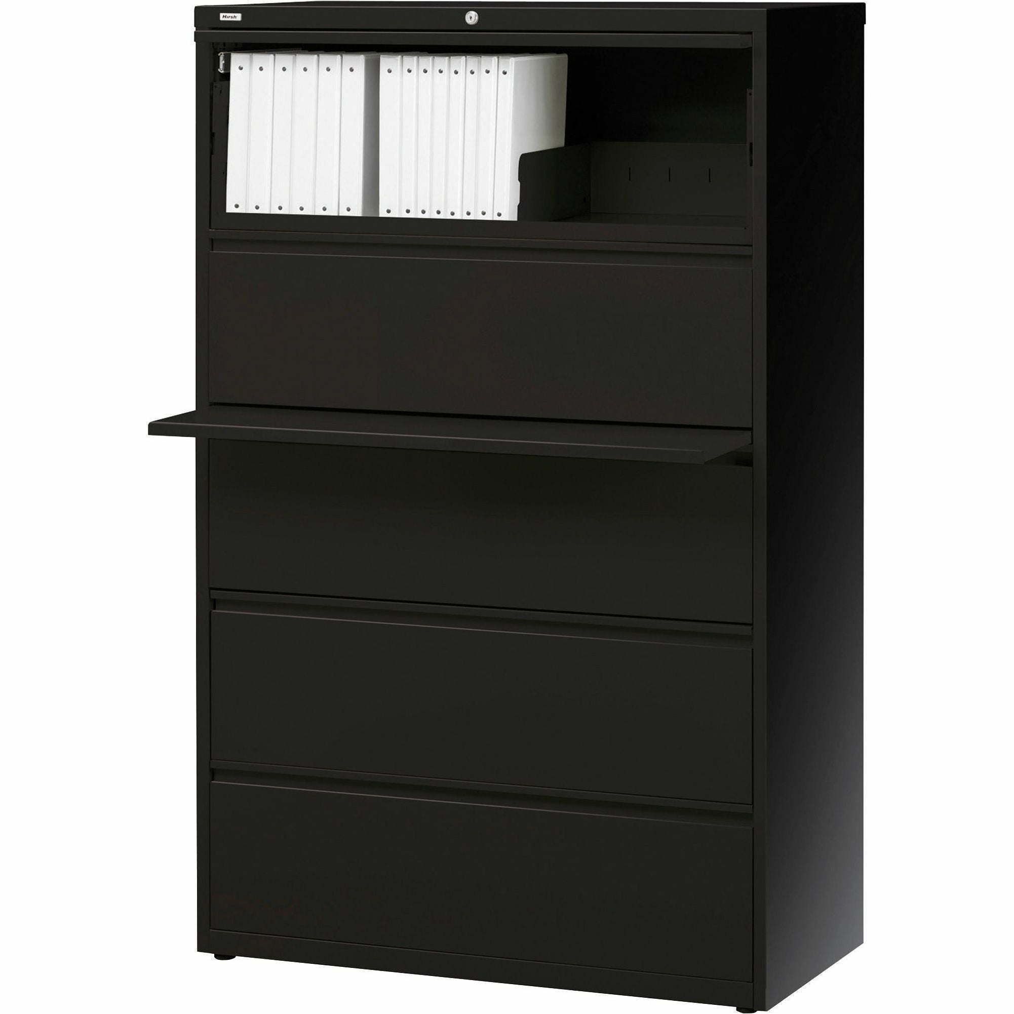 Lorell Fortress Series Lateral File w/Roll-out Posting Shelf - 42" x 18.6" x 67.7" - 5 x Drawer(s) for File - Letter, Legal, A4 - Lateral - Interlocking, Label Holder, Leveling Glide, Ball-bearing Suspension - Black - Recycled - 
