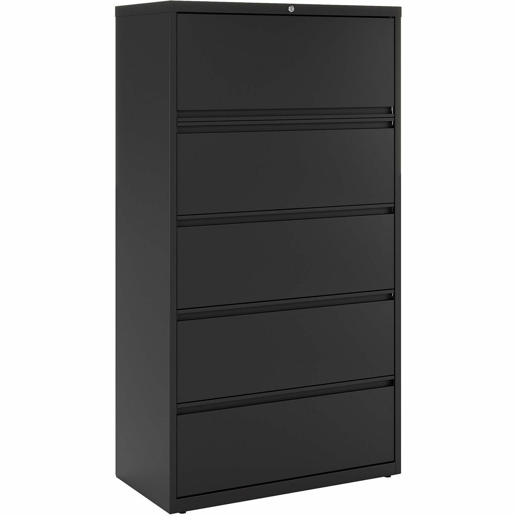 Lorell Fortress Series Lateral File w/Roll-out Posting Shelf - 36" x 18.6" x 67.7" - 5 x Drawer(s) for File - Letter, Legal, A4 - Lateral - Rust Proof, Interlocking, Leveling Glide, Ball-bearing Suspension, Label Holder - Black - Recycled