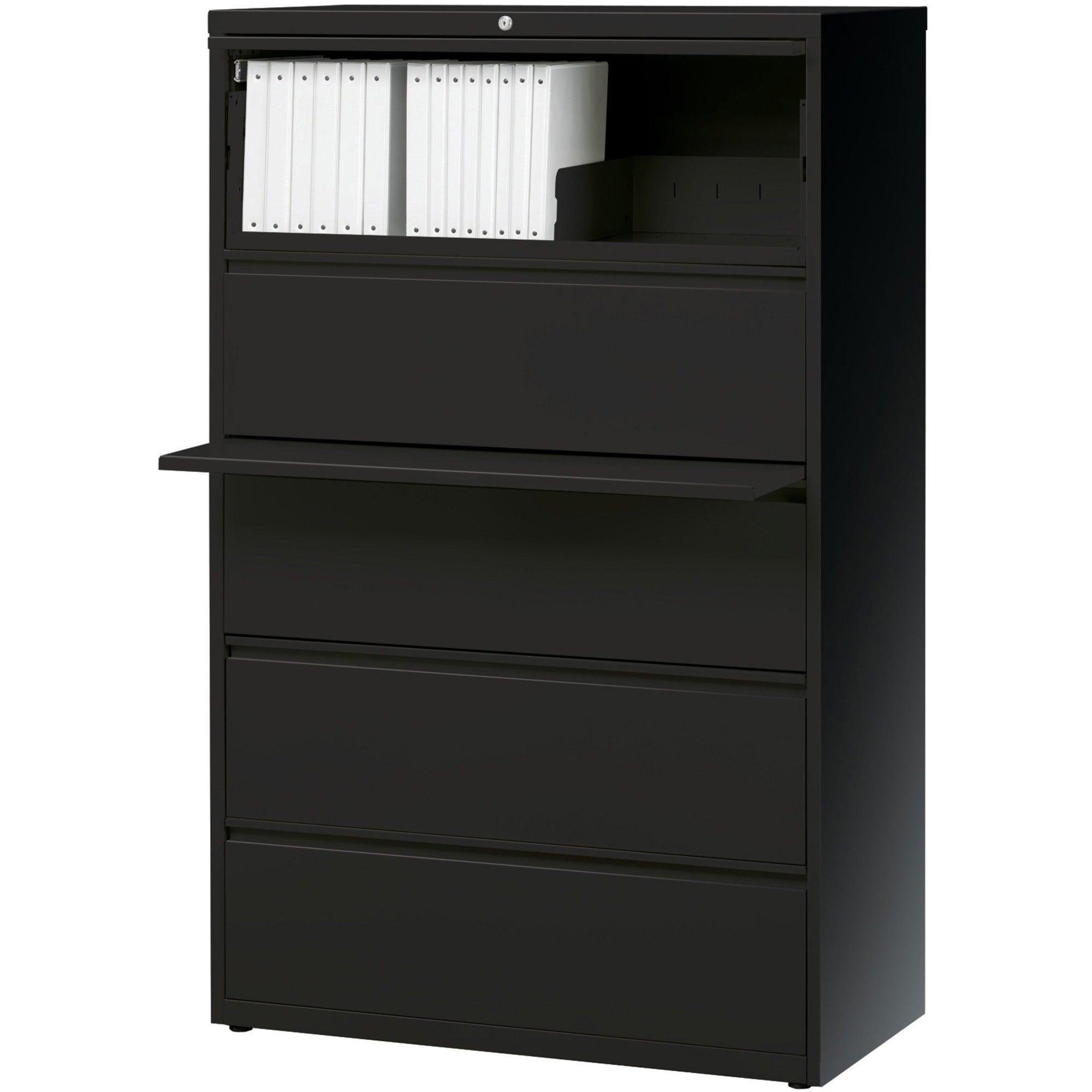 Lorell Fortress Series Lateral File w/Roll-out Posting Shelf - 36" x 18.6" x 67.7" - 5 x Drawer(s) for File - Letter, Legal, A4 - Lateral - Rust Proof, Interlocking, Leveling Glide, Ball-bearing Suspension, Label Holder - Black - Recycled - 