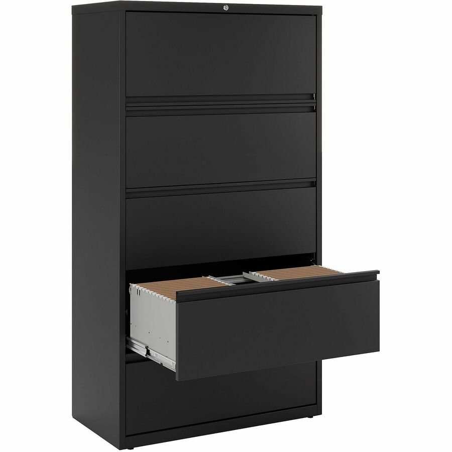 Lorell Fortress Series Lateral File w/Roll-out Posting Shelf - 36" x 18.6" x 67.7" - 5 x Drawer(s) for File - Letter, Legal, A4 - Lateral - Rust Proof, Interlocking, Leveling Glide, Ball-bearing Suspension, Label Holder - Black - Recycled