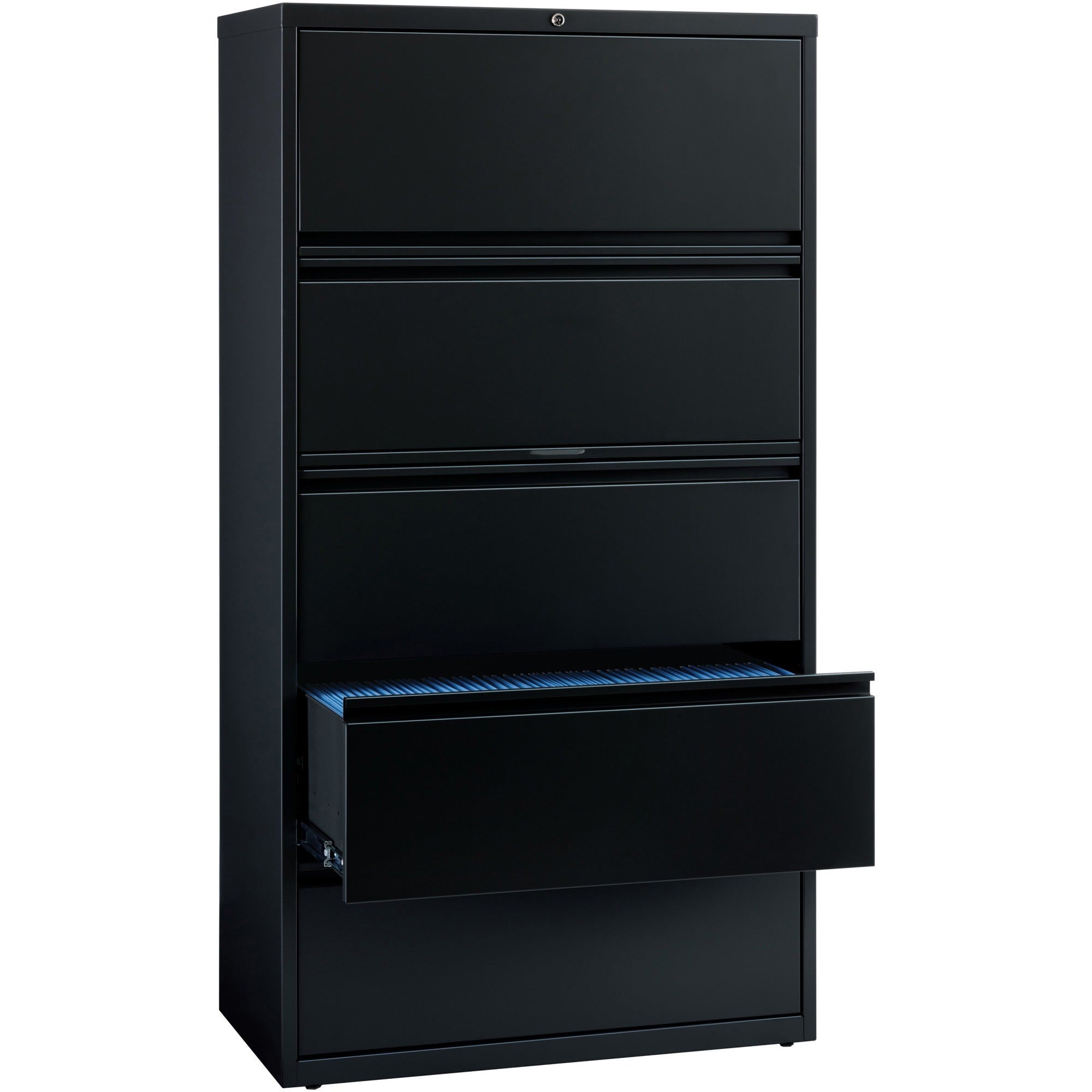 Lorell Fortress Series Lateral File w/Roll-out Posting Shelf - 36" x 18.6" x 67.7" - 5 x Drawer(s) for File - Letter, Legal, A4 - Lateral - Rust Proof, Interlocking, Leveling Glide, Ball-bearing Suspension, Label Holder - Black - Recycled - 