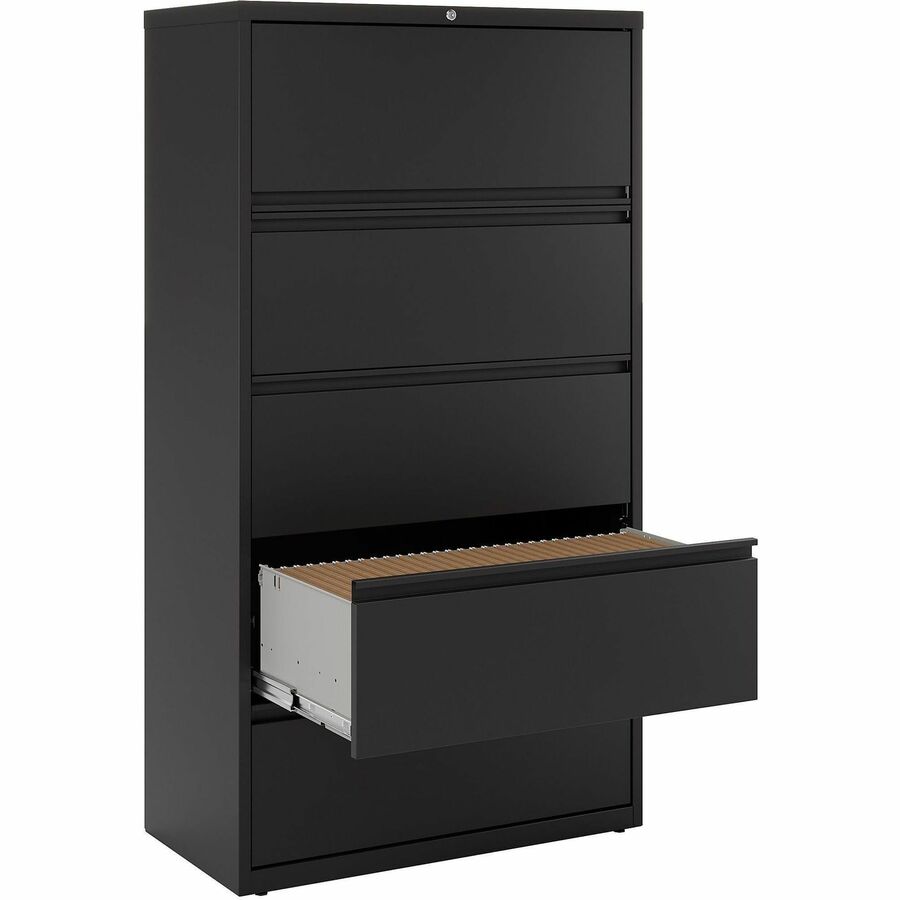 Lorell Fortress Series Lateral File w/Roll-out Posting Shelf - 36" x 18.6" x 67.7" - 5 x Drawer(s) for File - Letter, Legal, A4 - Lateral - Rust Proof, Interlocking, Leveling Glide, Ball-bearing Suspension, Label Holder - Black - Recycled