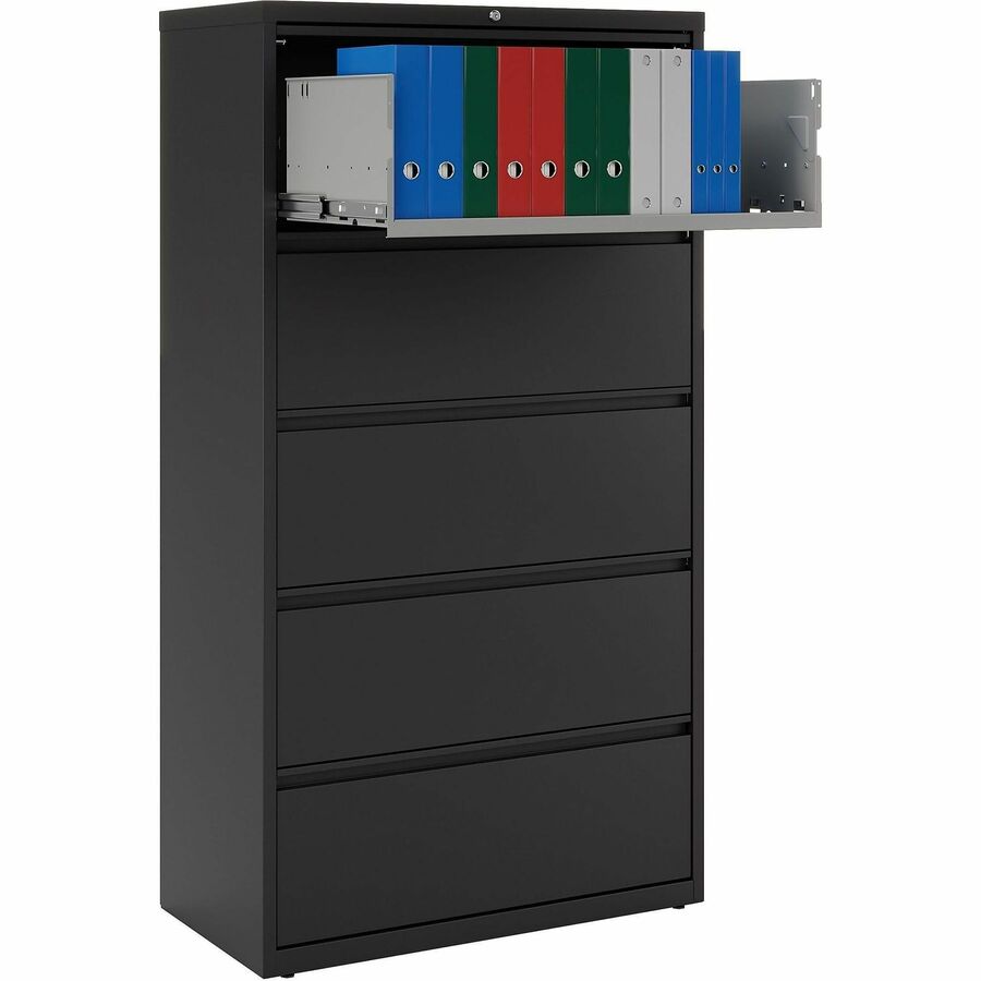 Lorell Fortress Series Lateral File w/Roll-out Posting Shelf - 36" x 18.6" x 67.7" - 5 x Drawer(s) for File - Letter, Legal, A4 - Lateral - Rust Proof, Interlocking, Leveling Glide, Ball-bearing Suspension, Label Holder - Black - Recycled