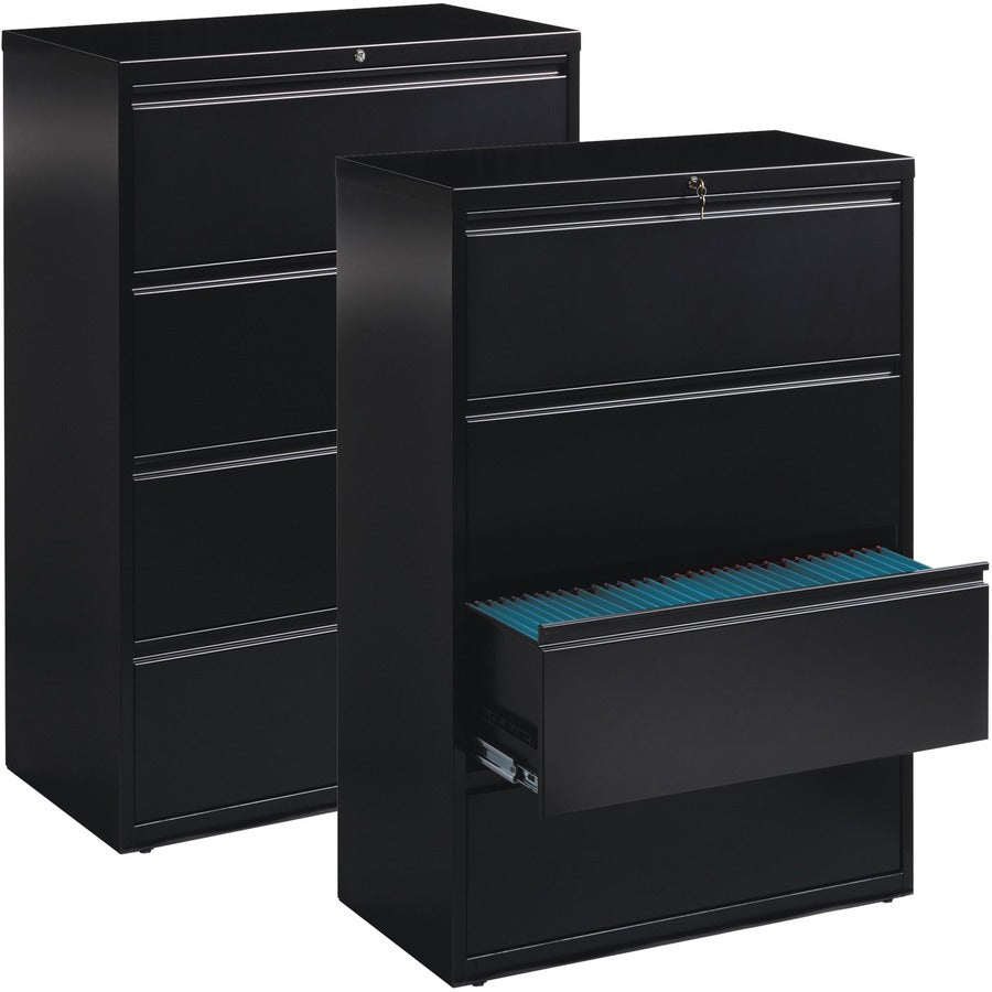 Lorell Fortress Series Lateral File - 36" x 18.6" x 52.5" - 4 x Drawer(s) for File - Letter, Legal, A4 - Lateral - Ball-bearing Suspension, Leveling Glide, Label Holder, Interlocking - Black - Steel - Recycled - 