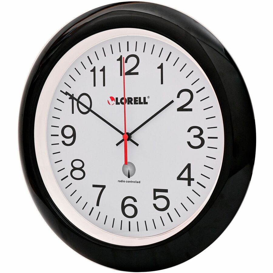 Lorell 13-1/4" Radio-Controlled Wall Clock - Analog - Quartz - White Main Dial - Black/Plastic Case