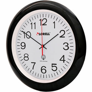 Lorell 13-1/4" Radio-Controlled Wall Clock - Analog - Quartz - White Main Dial - Black/Plastic Case